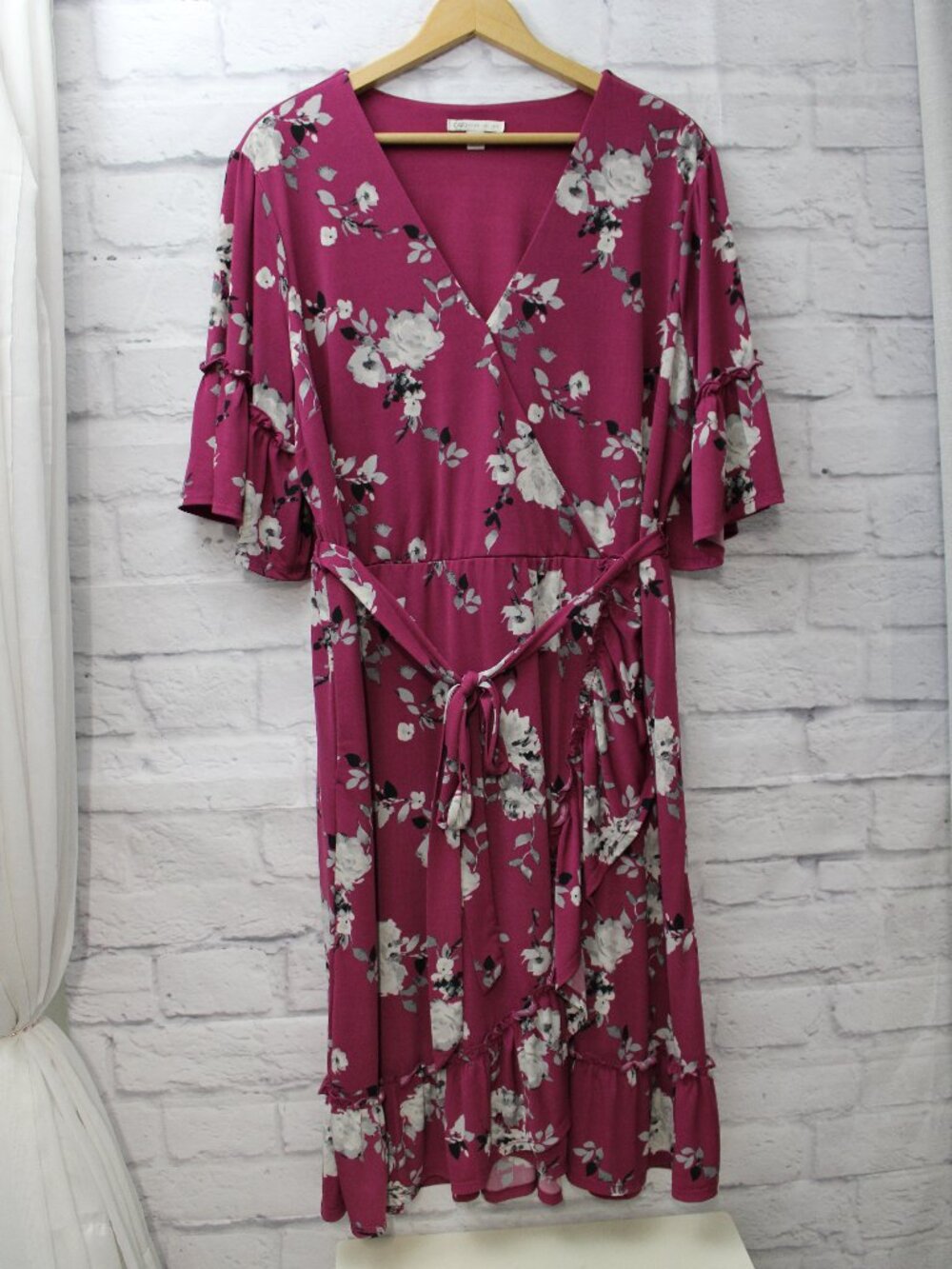 Cato Plus 18W 20W Berry Floral Ruffle V Neck Wrap Midi Dress Summer Wedding